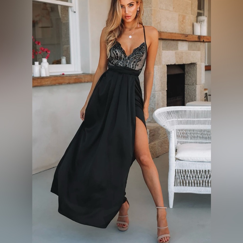 Hello Molly Black Beaded Sparkle Y2K Whimsigoth Royal Maxi Slip Dress Open Back